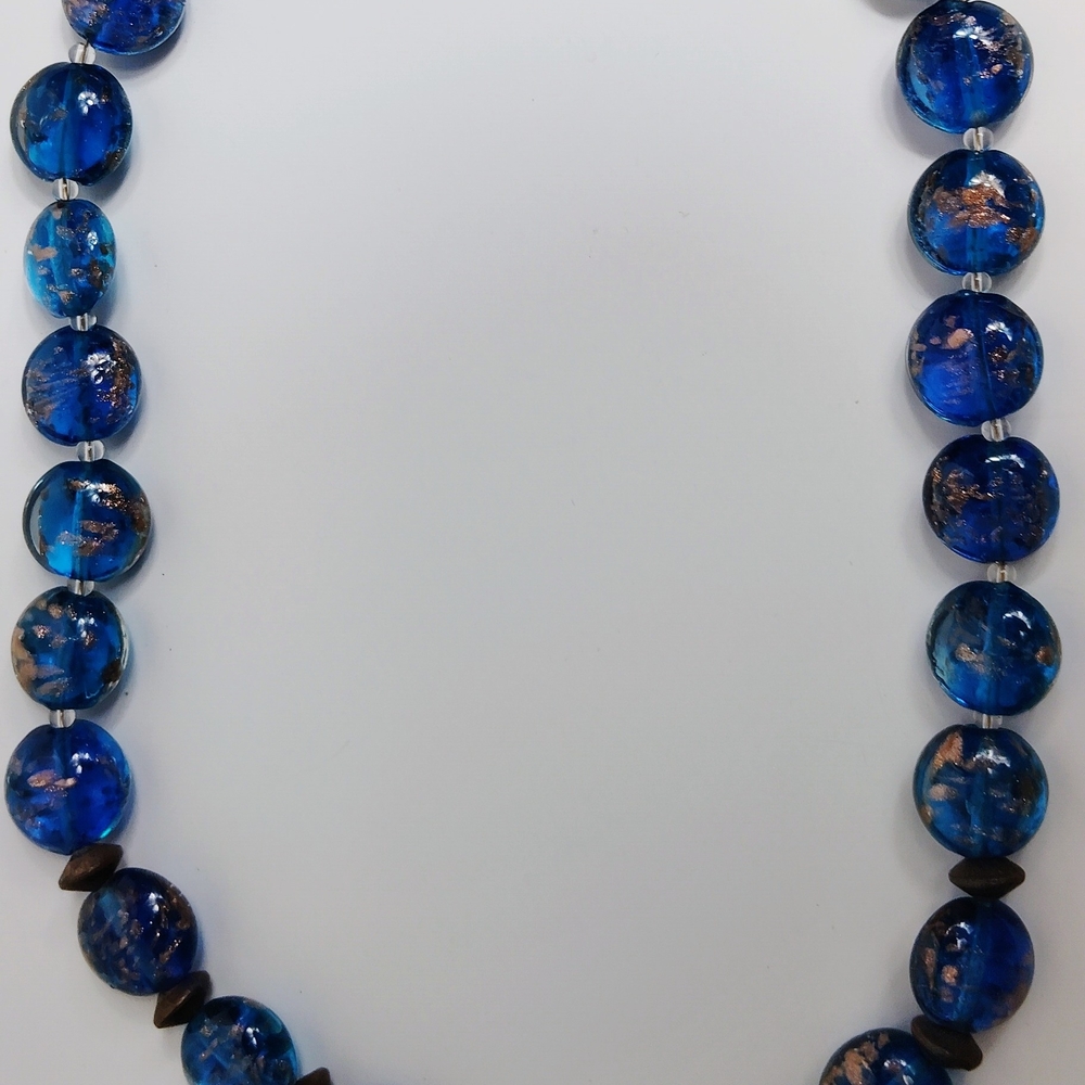 Blue and Gold Glass Bead Necklace Likely Made with The Murano Sommerso Art Glass